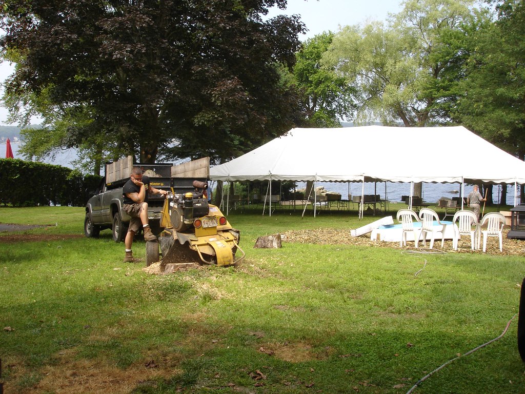Tow-behind stump grinder working a lawn stump beside a pickup truck